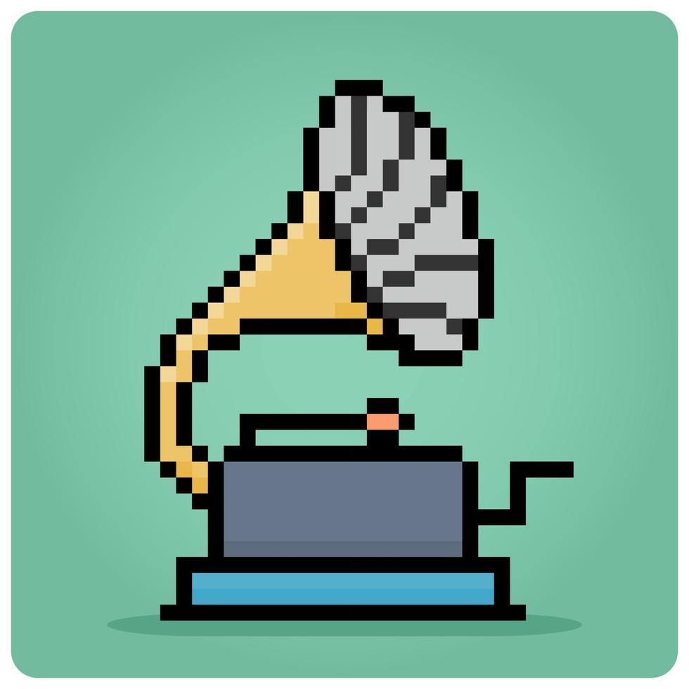 8 Bit Gramophone pixels. Retro Music Player for game assets and Cross Stitch patterns in vector illustrations.