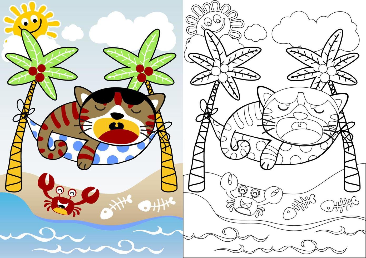 Funny cat sleeping on hammock with crab in the beach, coloring book or page, vector cartoon illustration