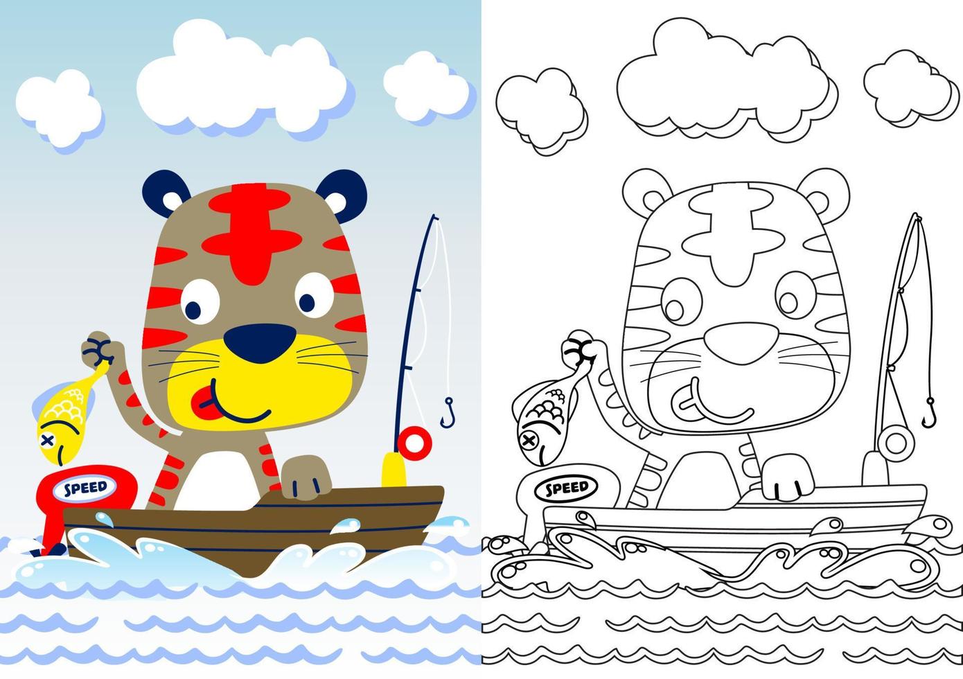 Cute cat fishing on boat, vector cartoon illustration, coloring book or page