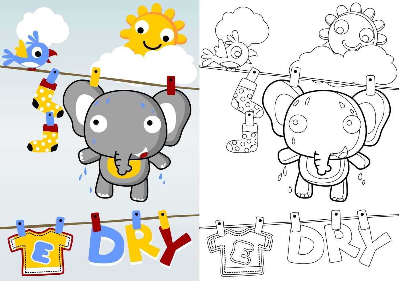 funny elephant in clothesline with little bird, smiling sun behind clouds, coloring book or page, vector cartoon