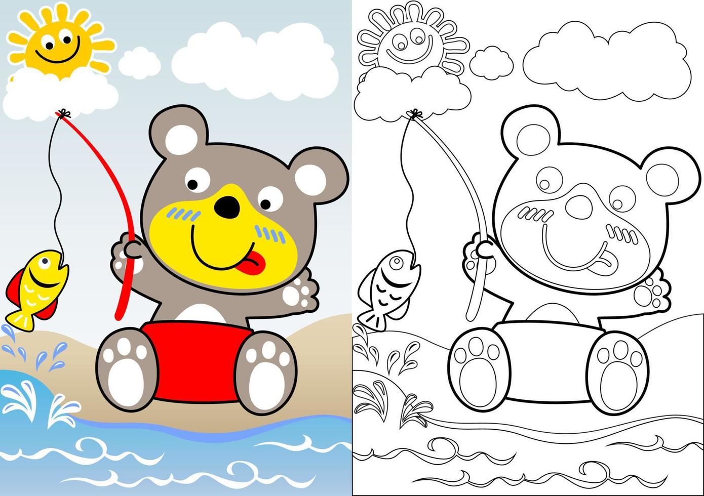 Cute bear fishing on blue sky background, smiling sun behind clouds, coloring book or page, vector cartoon