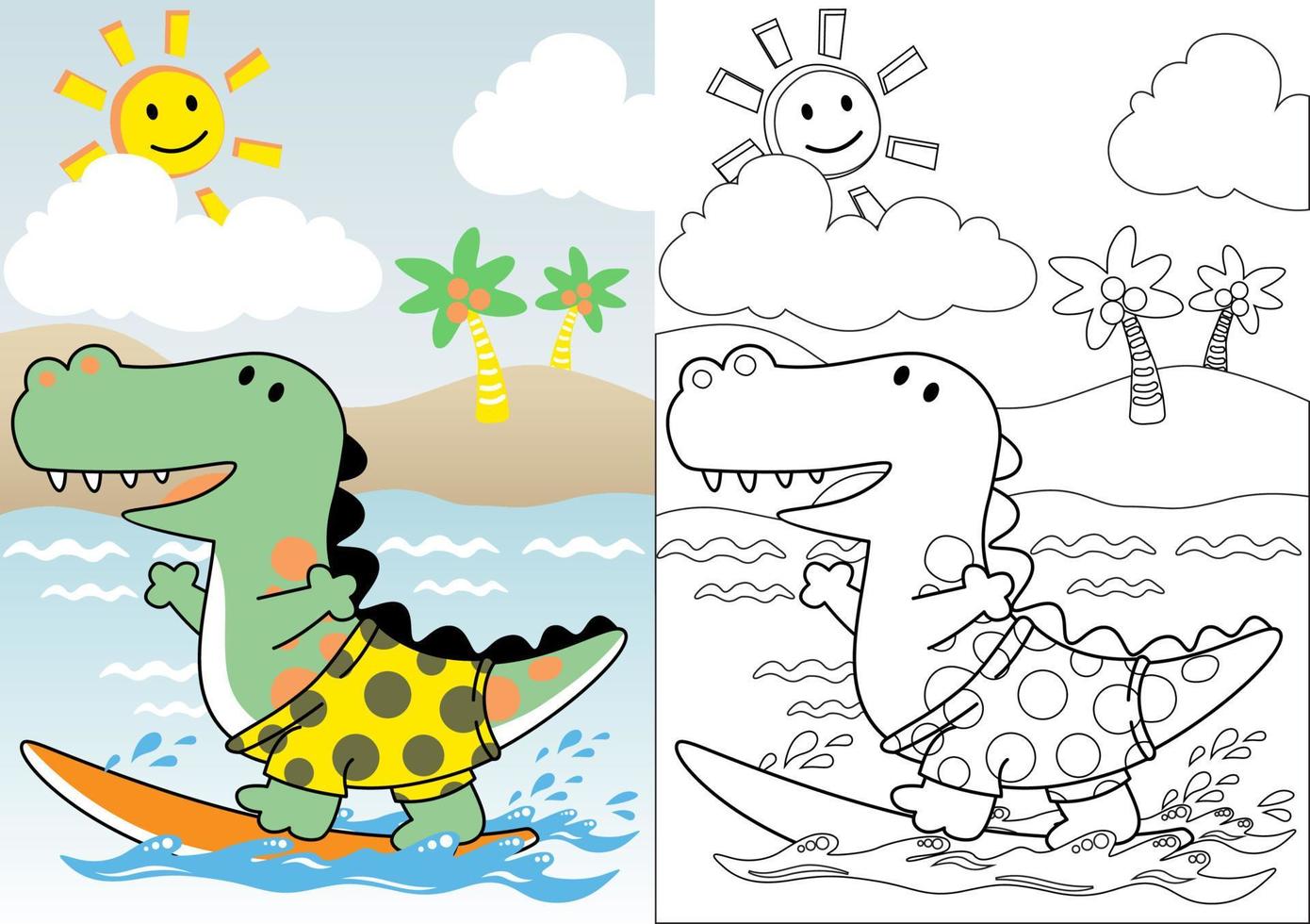 Cute dinosaur surfing in the beach at summer holiday, coloring book or page, vector cartoon