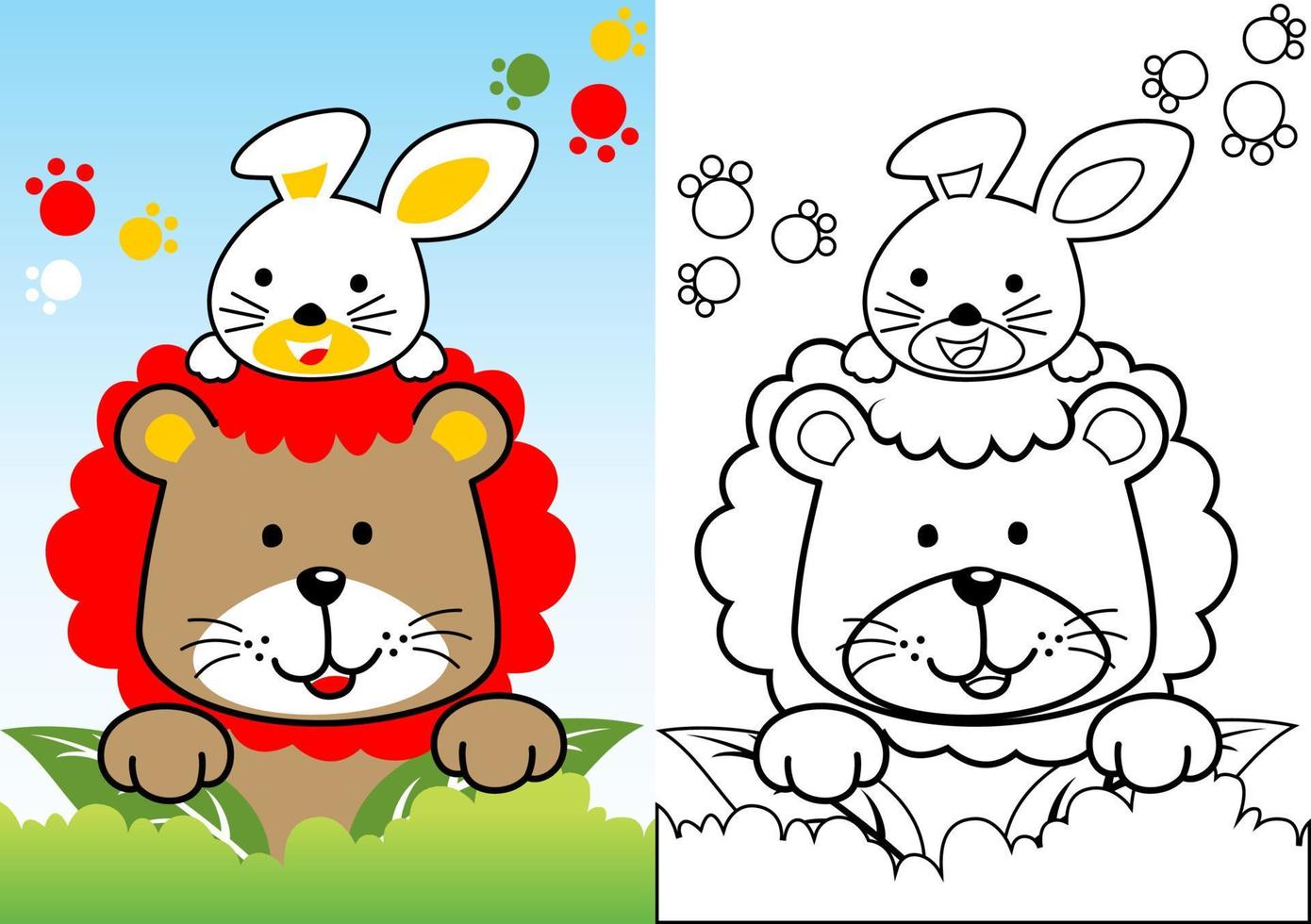 Cute lion and rabbit in bush, vector cartoon illustration, coloring book or page