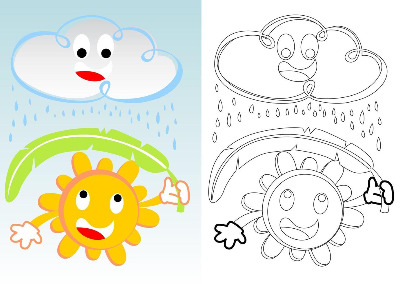 Funny sun holding banana leaf at raining with cute cloud, vector cartoon, coloring book or page