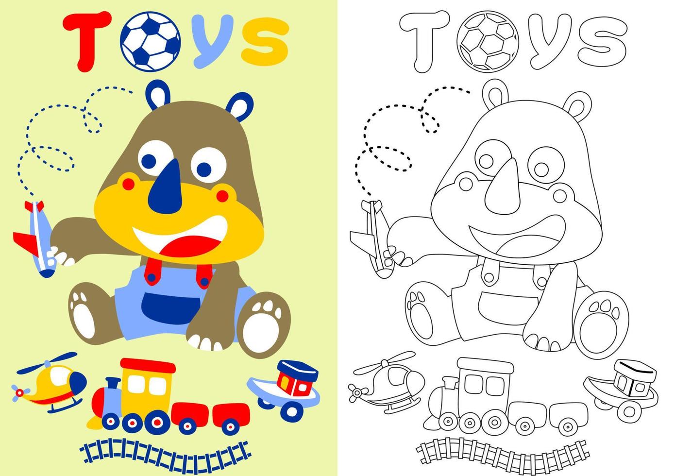 little rhino with it toys, vector cartoon illustration, coloring book or page