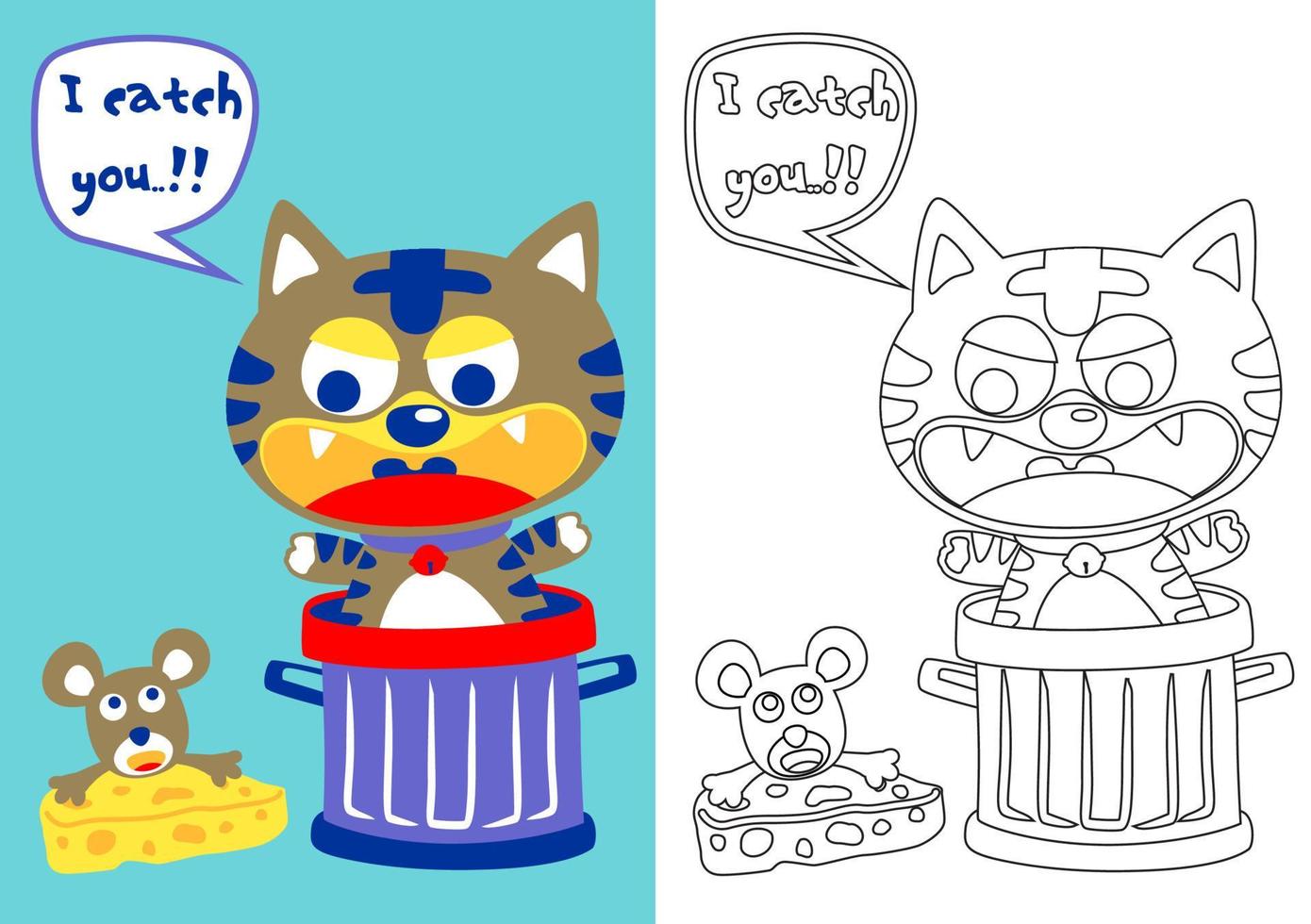little cat in trash can try to catch a mice, vector cartoon, coloring book or page
