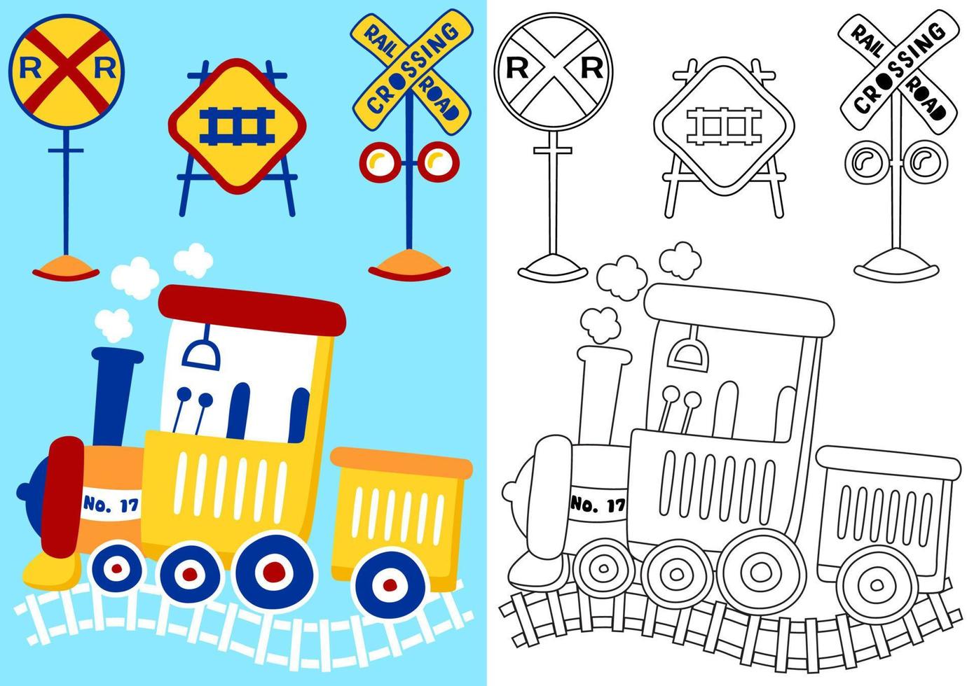 Steam train with railroad signs, vector cartoon illustration, coloring book or page