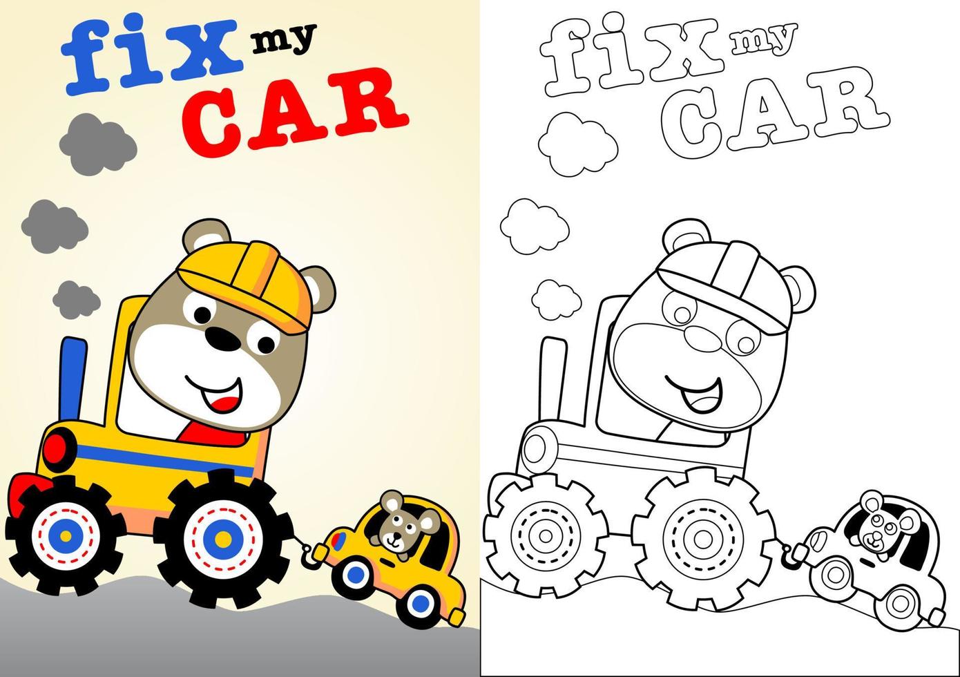 Cute bear driving tractor pulling mice on car, vector cartoon illustration, coloring book or page