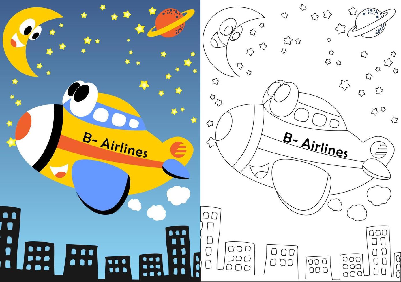Funny airplane fly across buildings with sky objects at night, coloring book or page, vector cartoon illustration