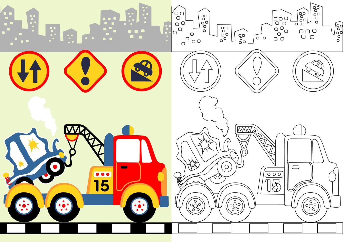Tow truck towing wreck car, road sign on buildings background, vector cartoon illustration, coloring book or page