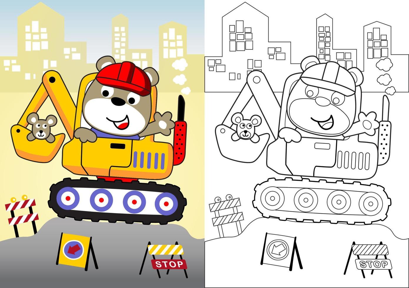 Cute bear with mice on construction vehicle, construction elements on buildings background, vector cartoon, coloring book or page