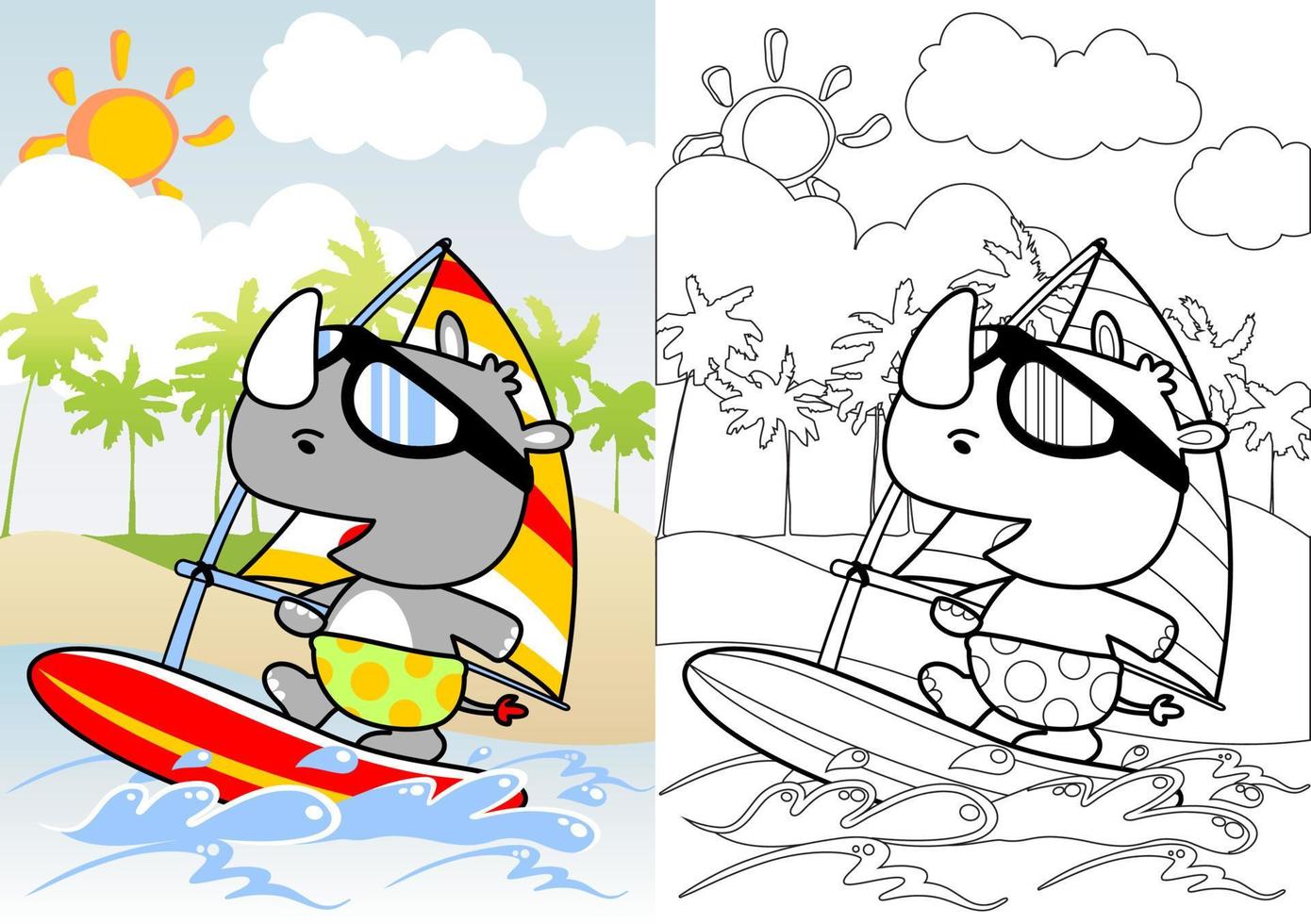 gracioso rinoceronte jugando Windsurfing en el playa a verano, vector dibujos animados, colorante libro o página