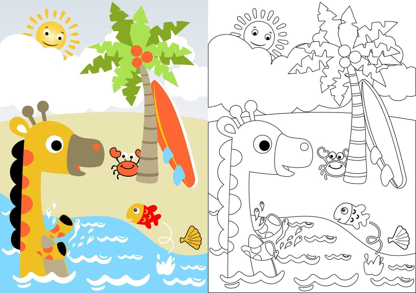 Cute giraffe with marine animals in the beach, vector cartoon, coloring book or page