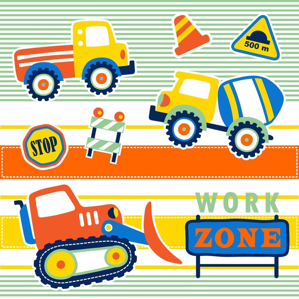 Construction vehicles with construction elements on colorful striped, vector cartoon illustration