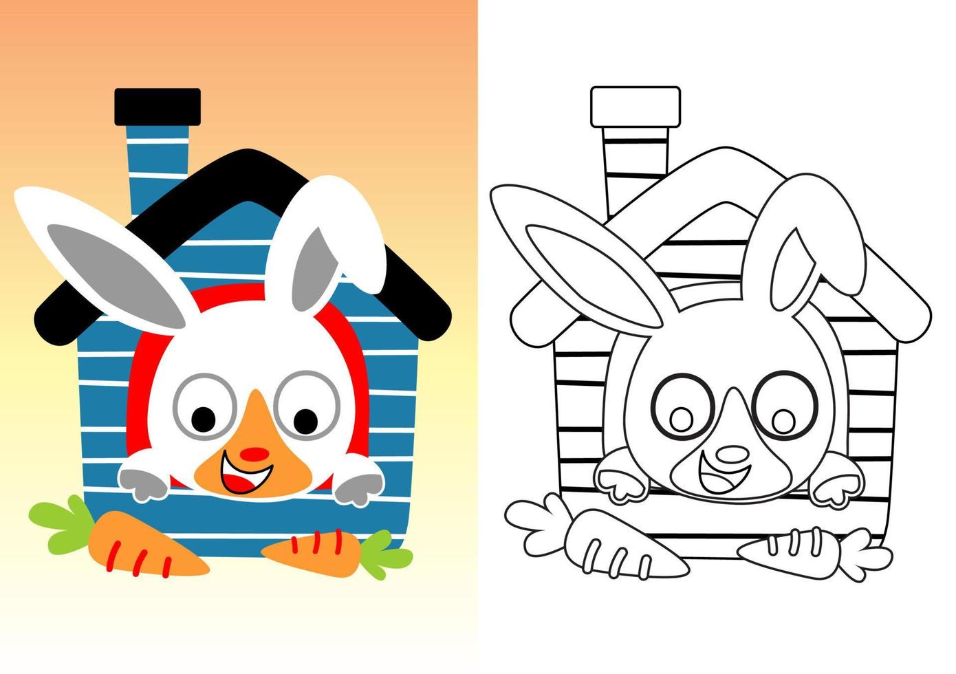 little rabbit on cage with carrot, vector cartoon illustration, coloring book or page