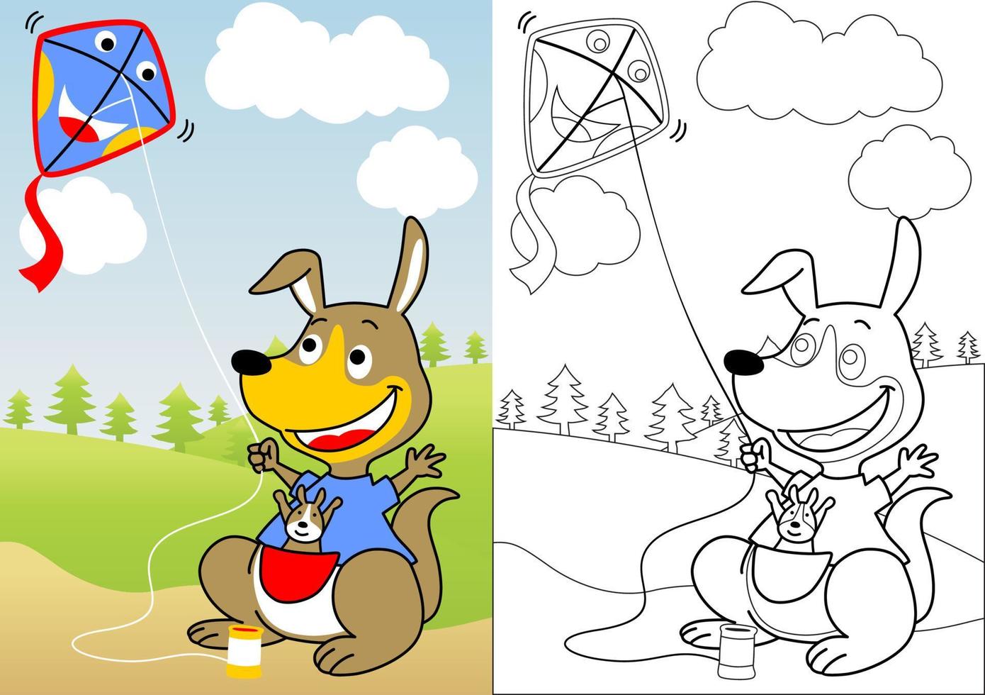 Kangaroo playing kite on landscape background, vector cartoon, coloring book or page