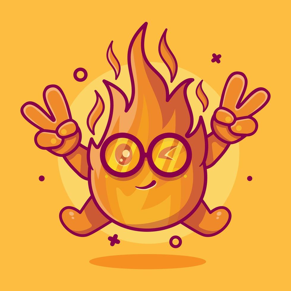 cute fire flame character mascot with peace sign hand gesture isolated cartoon in flat style design vector