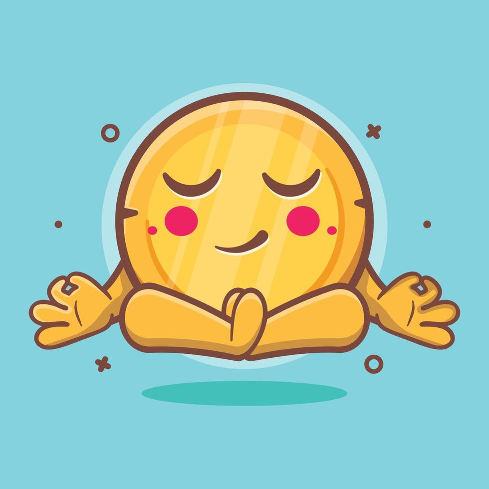 calma dinero moneda personaje mascota con yoga meditación actitud aislado dibujos animados en plano estilo diseño vector