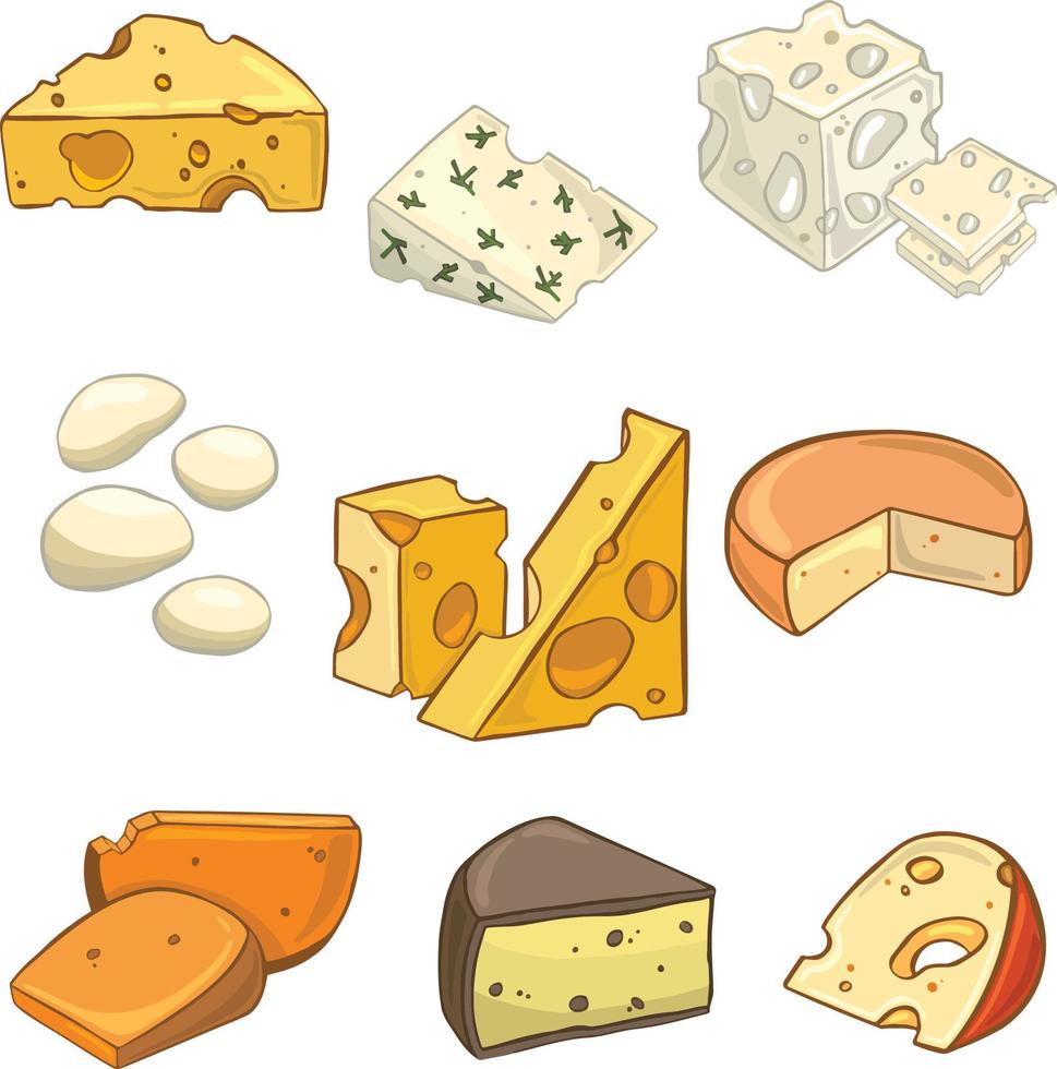 conjunto queso símbolo en dibujos animados estilo. para restaurante menús y sitios web vector ilustración