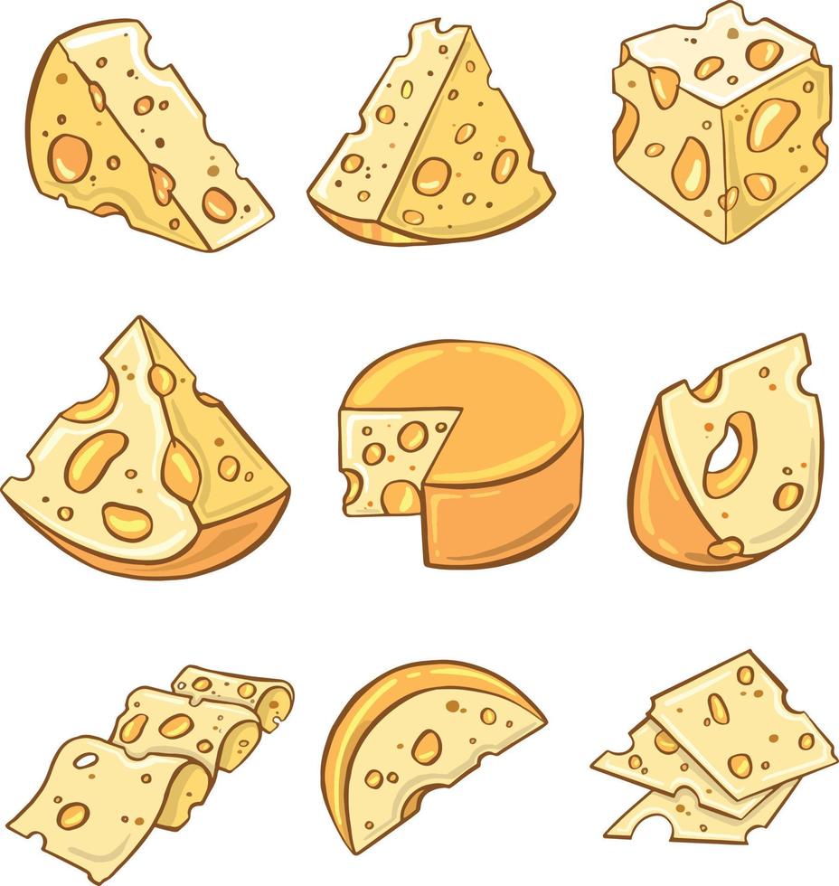 Piece of cheese and cheese cubes, isolated on white background, illustration. vector
