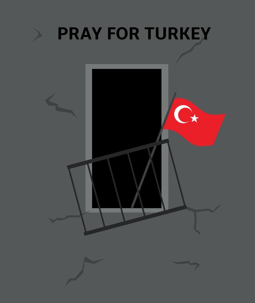 Earthquake epicenter in Turkey. Pray for Turkey. Cracks. Destructive earthquake. Explosion, destroyed balcony, Turkish flag. Natural disaster, earthquake and destruction of houses. Vector illustration