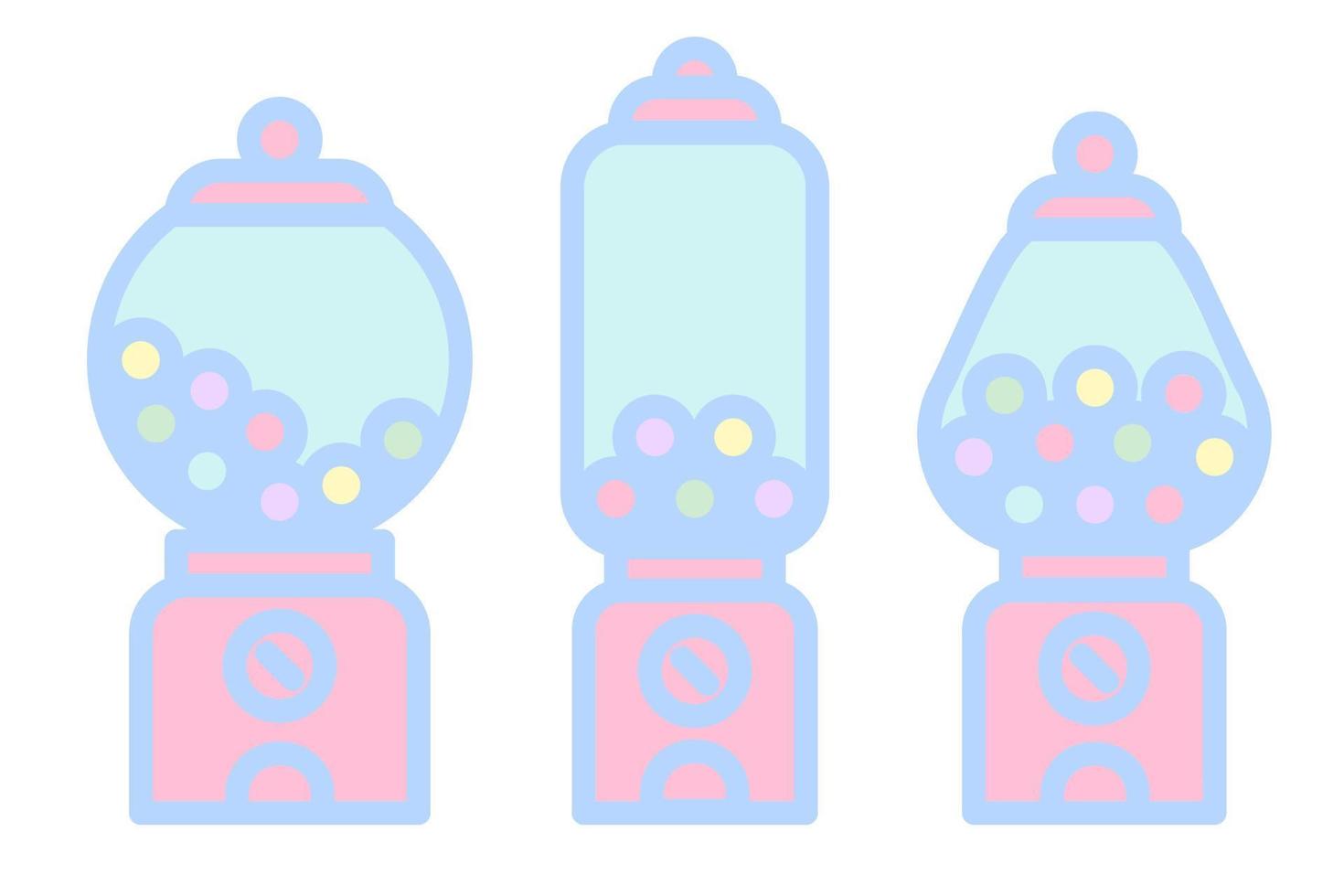 Gumball machine icon set. Retro vending dispenser for candies and bubblegums. Sweets slot vector illustration isolated on white background