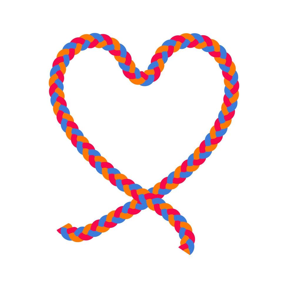 Red, blue, and orange braided rope heart logo vector template. Love symbol lasso cord for valentine's day. Realistic nautical ropes hearts symbol.