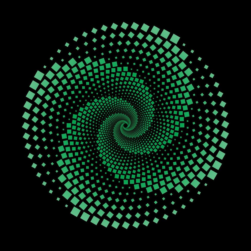 Green gradient dotted square spiral vortex circle. Vector illustration of 3d squarish dots swirl pattern dots design. Squares particle tornado logo template.