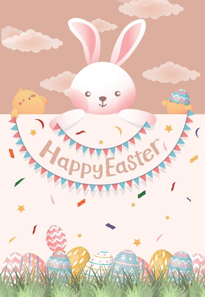 Easter card featuring bunnies and chicks, bunting flags and paper flowers for a sense of joy vector