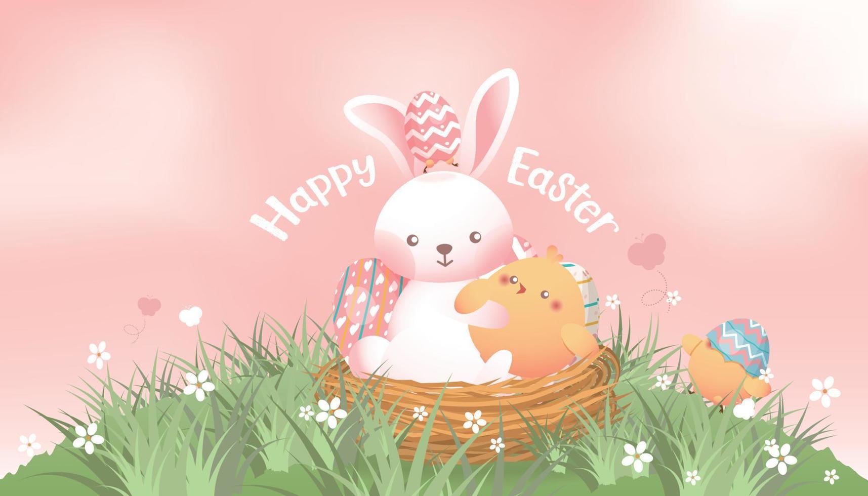 Happy Easter card, banner, background with mostly hares, eggs and chicks on the meadow vector