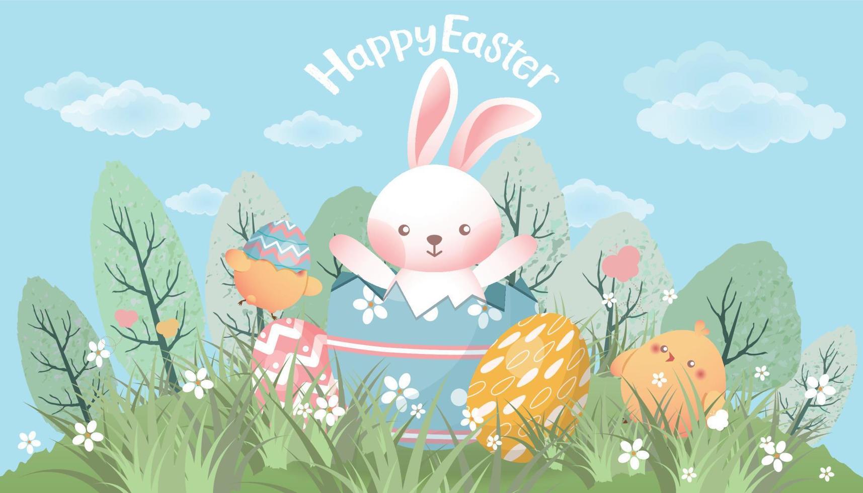 Happy Easter card, banner, background with mostly hares, eggs and chicks on the meadow vector