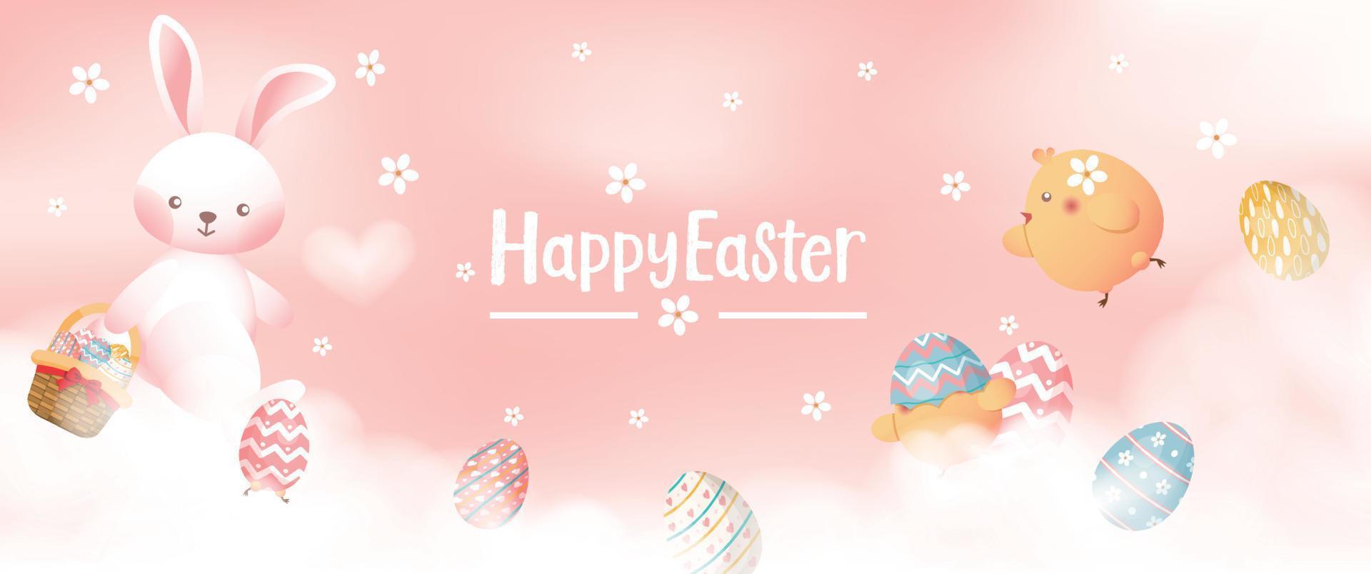 Happy Easter card, banner, background with bunny, chick and eggs in the clouds, pastel colors vector