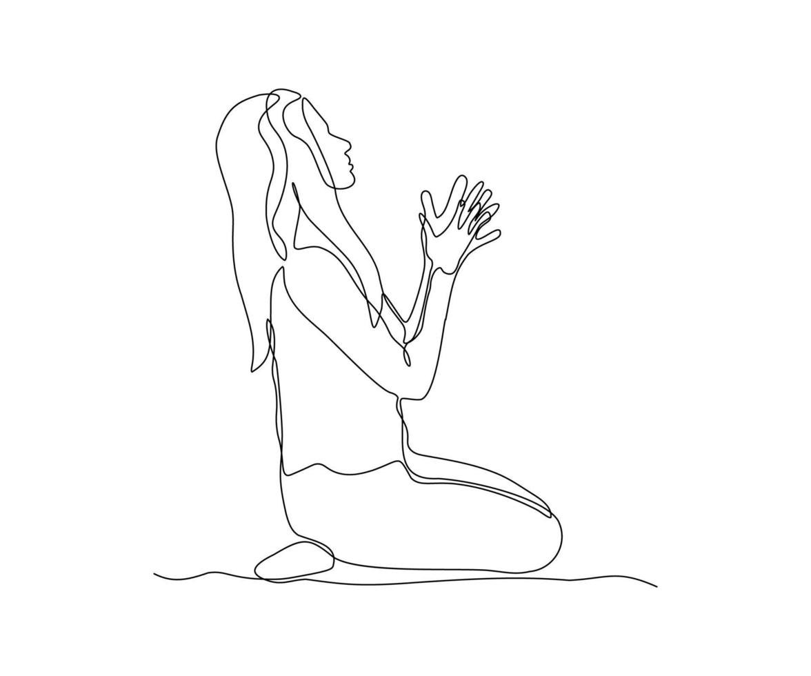 resumen chica, un mujer sin un cara quien lo hace yoga o reza sentado , dibujado a mano, continuo mono línea, uno línea arte, contorno dibujo vector