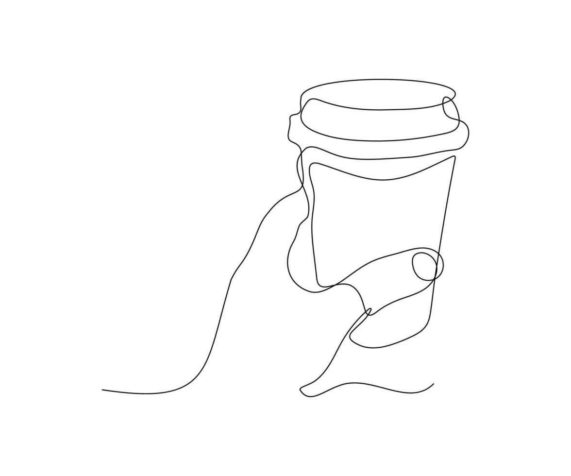 abstract hand with a cup of coffee , hand-drawn, continuous mono line, one line art, contour drawing vector