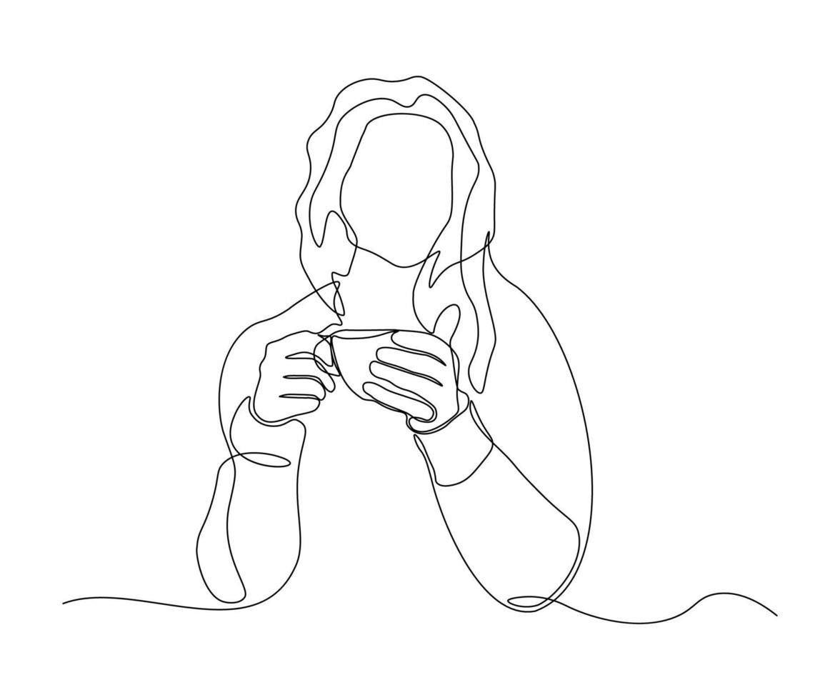 abstract girl without a face with a cup of coffee or tea, hand-drawn, continuous mono line, one line art, contour drawing vector