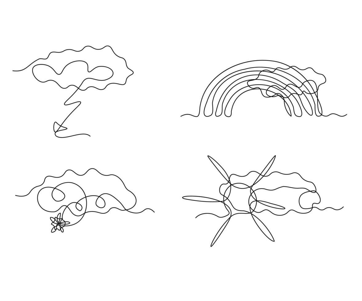 tipos de clima, tormenta, iluminación, arcoíris, soleado, nublado, nevando, dibujado a mano, continuo monolina, dibujo en uno línea vector