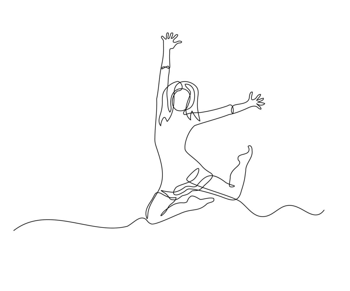resumen niña en un saltar, dibujado a mano, continuo mono línea, uno línea arte, contorno dibujo vector