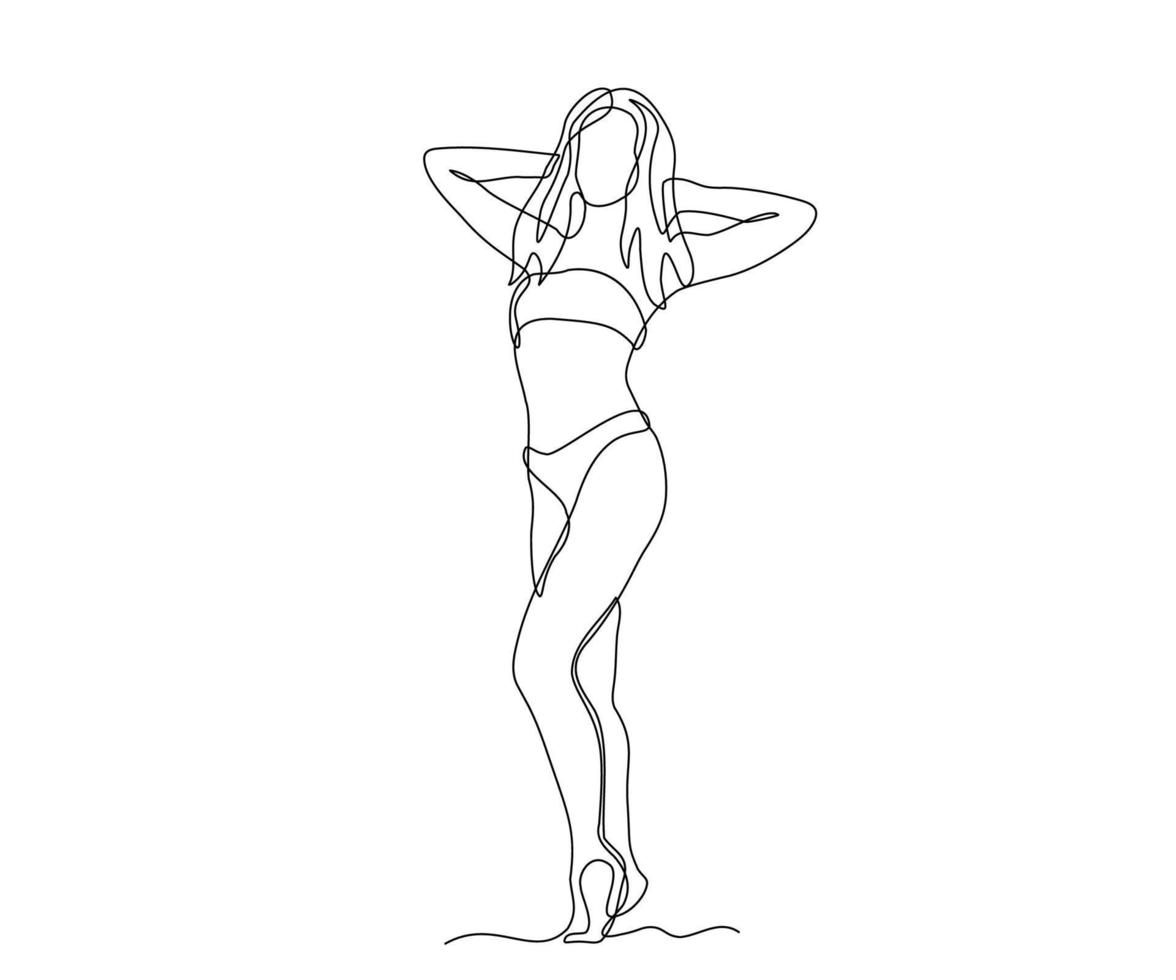 abstract girl, a woman without a face, who stands beautifully in a swimsuit or underwear with her hands behind her head, hand-drawn, continuous mono line, one line art, contour drawing vector