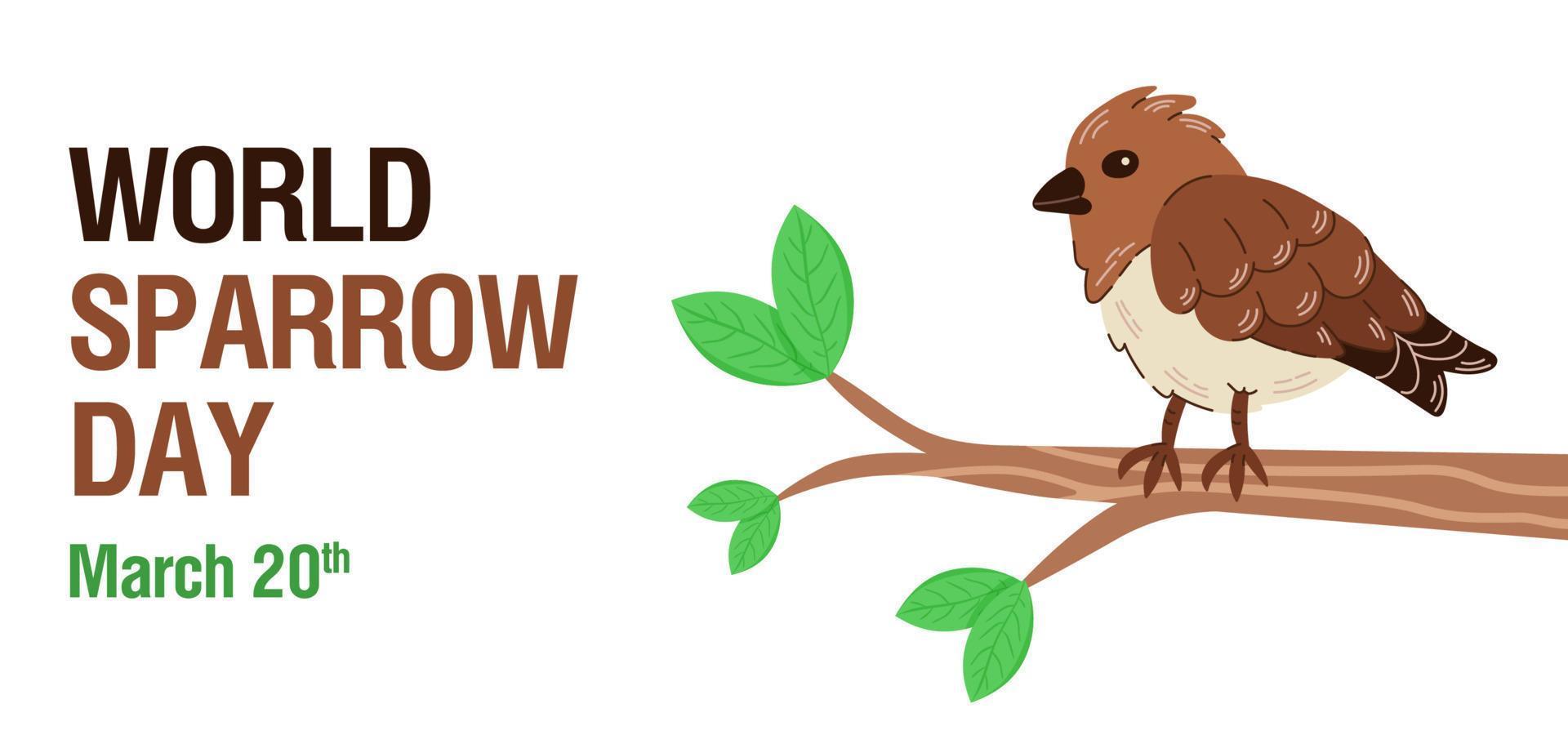 Banner for world sparrow day. Hand drawn illustration of a sparrow sitting on a branch with leaves. vector