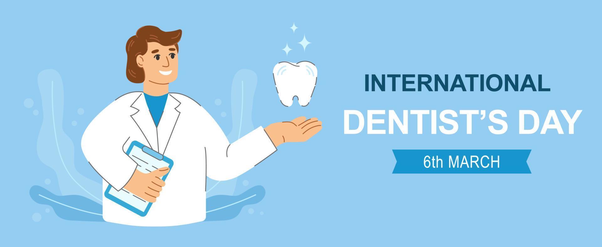 Horizontal background for international dentist day celebration. Flat cartoon illustration suitable for poster or banner. vector