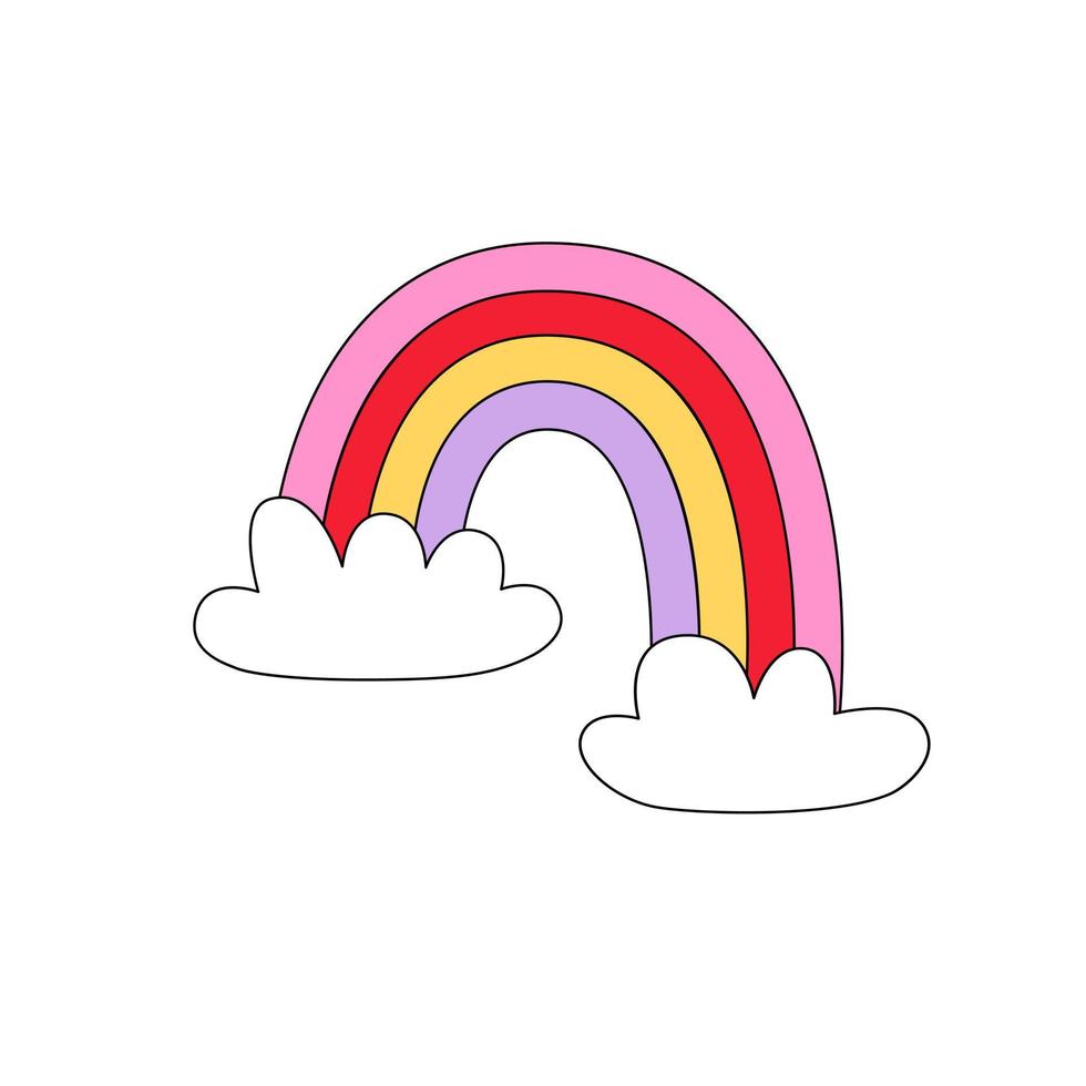 Retro illustration with rainbow and clouds. Groovy sticker about sky. Romantic vector illustration in pastel colors
