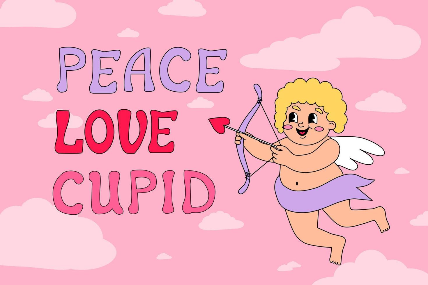 Valentine's day illustration with cupid. Cloud sky background. Vector illustration in cartoon groovy style