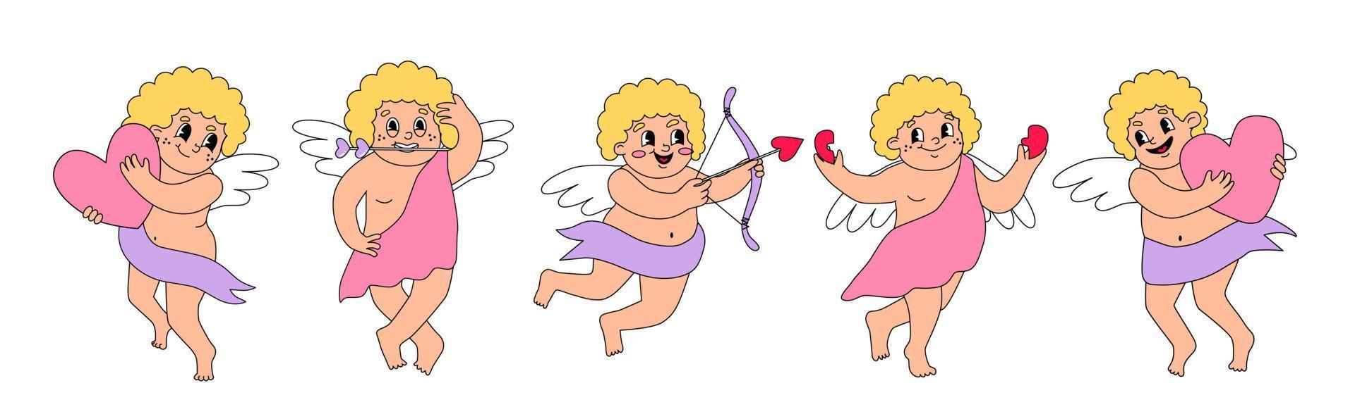 Cute vintage set of cupids. Vector illustration about valentine's day, love. Little groovy angel has wings, bow, arrow and aim.