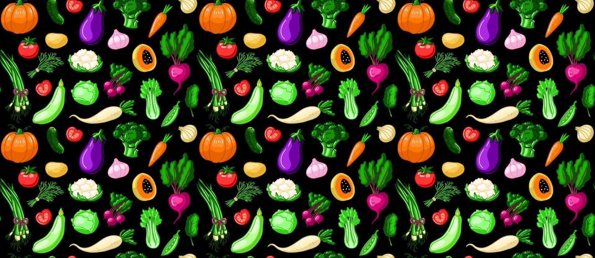 Fresco vegetal sin costura modelo. Fresco verano fondo de pantalla. orgánico cosecha ilustración en vector dibujos animados estilo