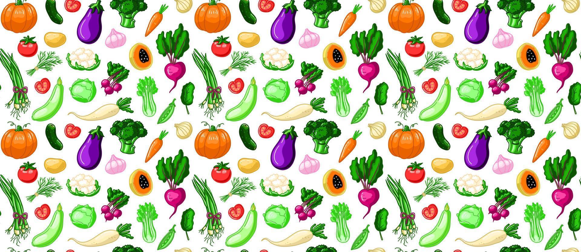 Fresco vegetal sin costura modelo. sano agricultura fondo de pantalla. orgánico cosecha ilustración en vector dibujos animados estilo