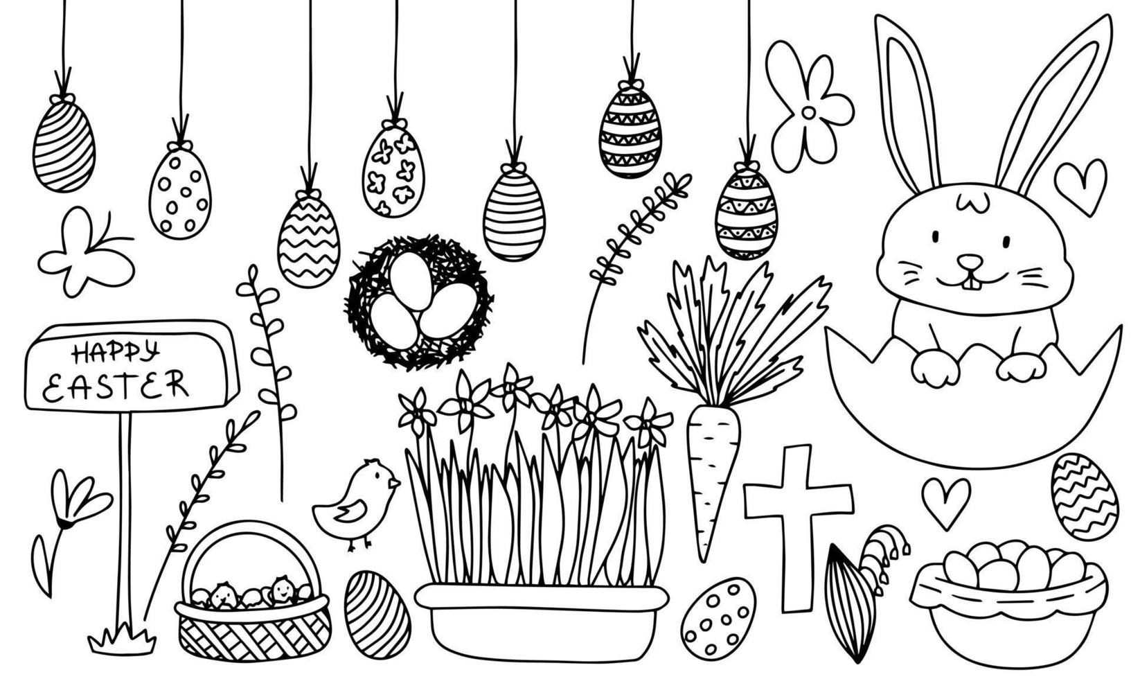 Set of Easter doodle elements.  Eggs, bunny, flowers, branch and spring. Vector illustration.