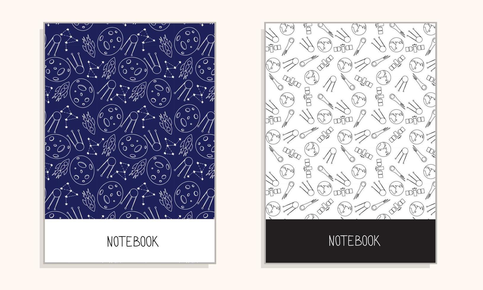 Cover for notebook with space doodle background. Vector illustration.