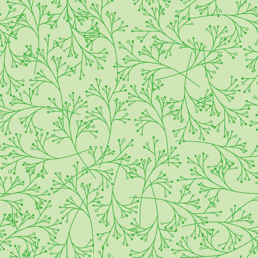 Seamless spring pattern. Green monochrome pattern, hand draw elements as branch. Vector illustration.