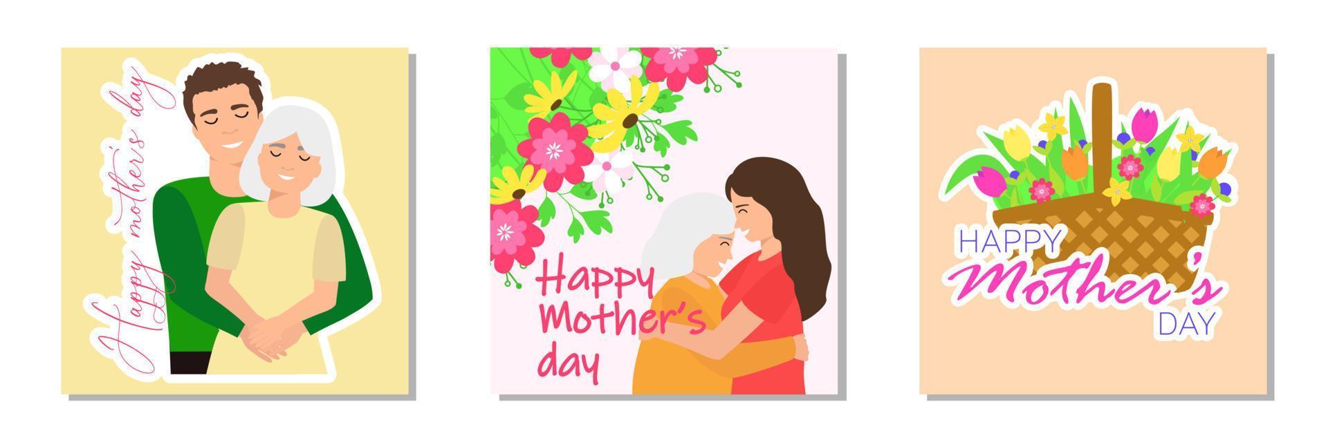 conjunto de saludo tarjeta para contento de la madre día. madre con niño. ramo de flores de flores vector ilustración.
