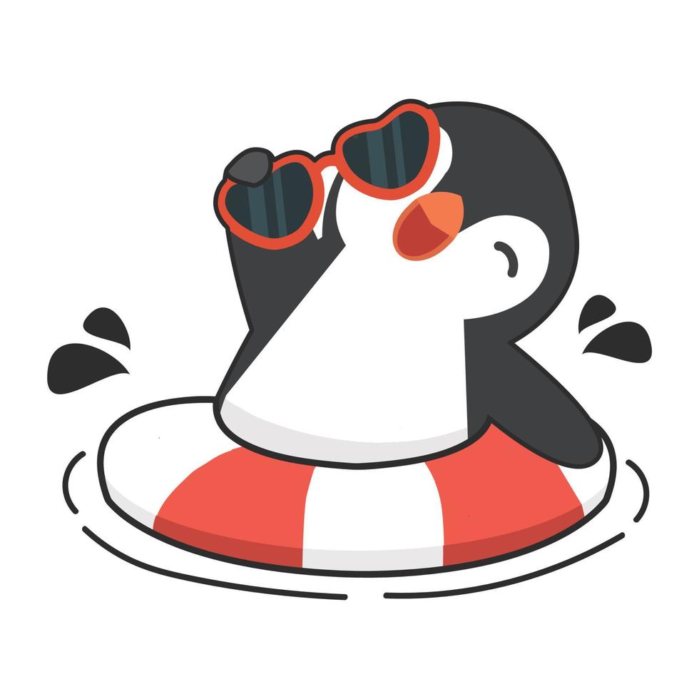 linda pingüino nadando inflable anillo icono vector